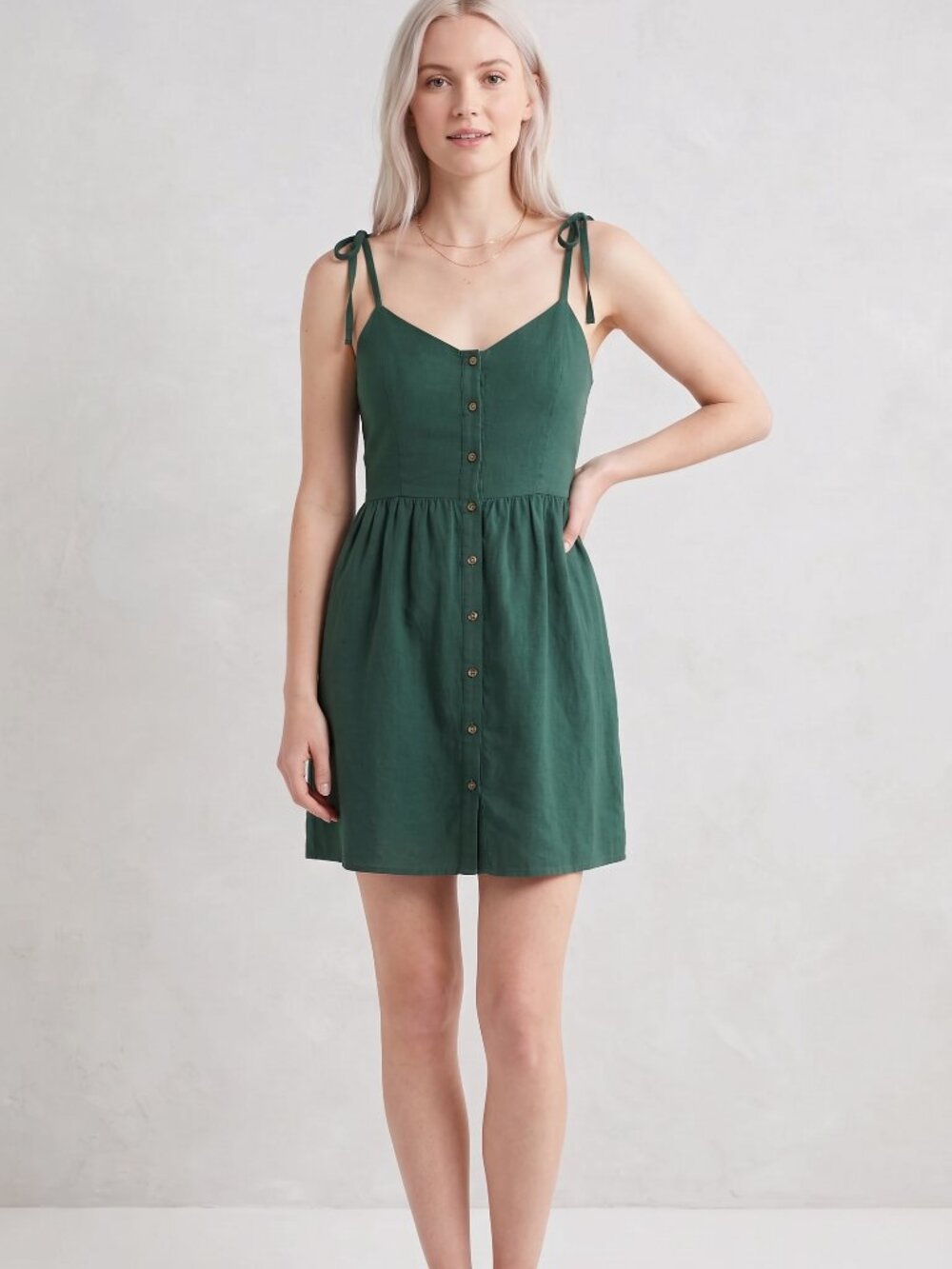 Aerie Linen Blend Babydoll Mini Dress Green Tie Strap Button Front Cottagecore M
